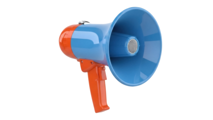 Blue and orange megaphone PNG isolated on transparent background, bullhorn loudspeaker for announcements and public address systems