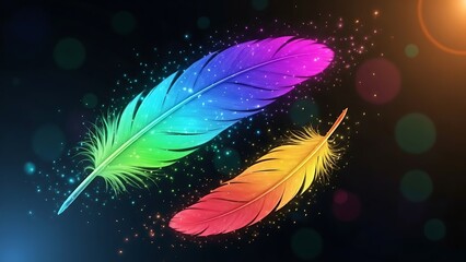 Vibrant multicolored feathers glowing with magic and sparkle against a dark ethereal background