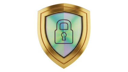Golden shield with padlock isolated PNG, security and protection concept for graphic design and web development