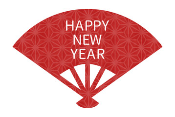 Red Japanese Fan with Asanoha Pattern and Happy New Year Text