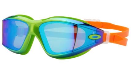 Green and blue swimming goggles isolated PNG on transparent background, sports eyewear for professional swimmers and recreational use