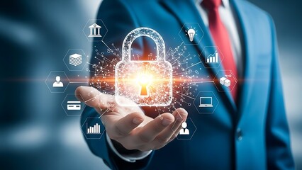 Businessman presenting secure data protection with glowing padlock icon