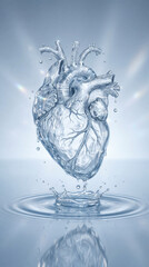 Transparent water heart symbolizing life health and the importance of water for the human body.