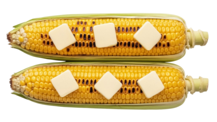 Two ears of corn with butter isolated PNG, grilled sweetcorn on transparent background, summer barbecue food for healthy eating and cooking