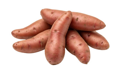 Pile of red fingerling potatoes isolated PNG, small and elongated tubers with smooth skin on transparent background