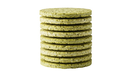 Stack of green rice cakes isolated PNG on transparent background, healthy snack food for diet and gluten-free eating