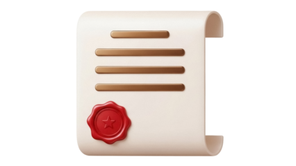 Official document with red wax seal isolated PNG, certificate of achievement or diploma on transparent background, legal agreement