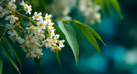 Beautiful neem blossoms with delicate white petals and green leaves on a tree branch in bright sunlight. Organic herbal medicine concept.