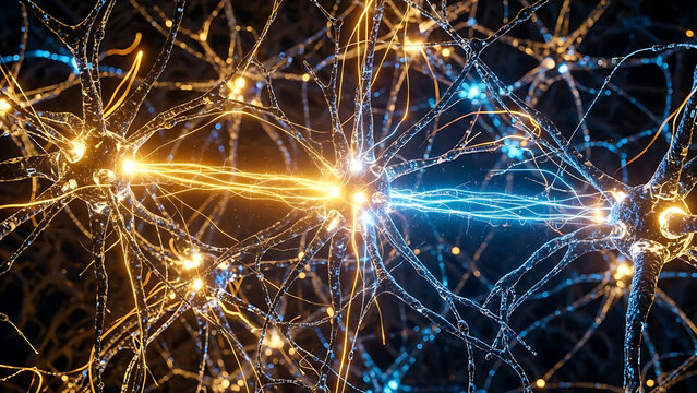 Glowing Neural Network Connections Representing Brain Activity and Digital Information Flow - Powered by Adobe