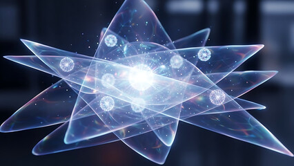 Abstract glowing atomic structure with orbiting particles and connecting lines
