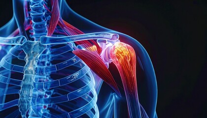 Anatomical illustration of a human shoulder joint with highlighted inflammation and pain, showcasing musculoskeletal structures