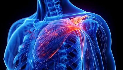 3D medical illustration showing human shoulder and chest anatomy, with vivid red highlights indicating pain, inflammation, or musculoskeletal injury