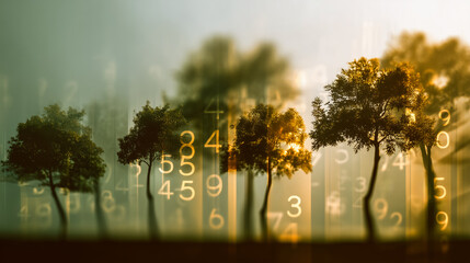 Dreamlike Forest Art with Floating Numbers and Light