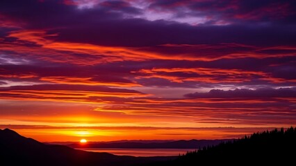 Obraz premium Vibrant orange sunset over landscape horizon.