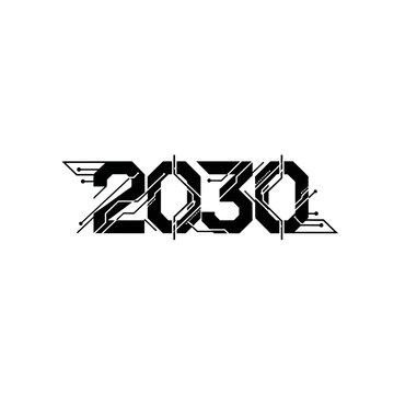 Futuristic 2030 digital art design representing technological advancement and future innovation with circuit board elements