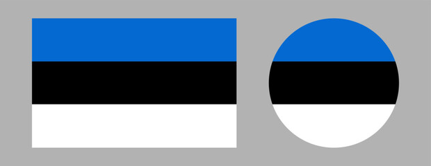 Round, rectangular flag of Estonia set. Circular flag symbol. Flag circle, rectangle button, banner, icon. National Estonian flag sign.