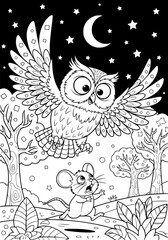 The owl is chasing the mouse. coloring book