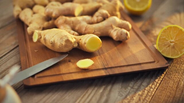 On the kitchen table, fresh ginger rhizomes display their brown roots, bursting with pungency. The vibrant, anti-inflammatory roots are rich in vitamins and minerals, showcasing freshness