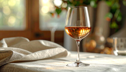 Elegance in a Glass: A stem glass of rose wine sit on a table. The composition invites a moment of sophistication and a refined touch to any design.