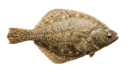 A whole flatfish with brown spots and fins on a white background, captured in a studio close-up.
