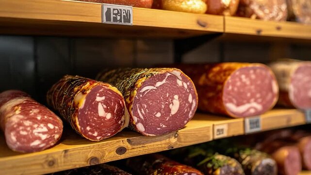  A close-up of assorted cured sausages displayed on a wooden counter in a delicatessen, creating a rich and authentic gourmet food atmosphere.