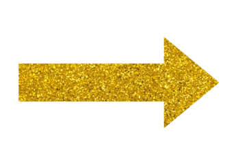 Gold glitter arrow shape pointing right. Luxury texture sign