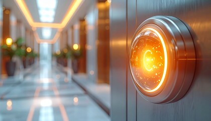 Elevator indicator light in modern hotel hallway.