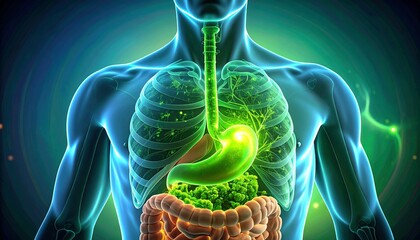 Dynamic digital illustration of the human digestive system, highlighting the glowing internal organs and vital role of gut health in overall body function and well-being