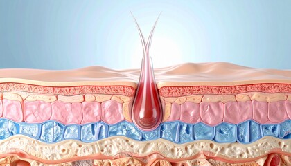 Detailed 3D rendering illustrating the intricate anatomical structure of a human hair follicle within various skin layers, conceptualizing a medical or cosmetic treatment process