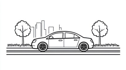 Black and white illustration of a sedan car driving on the road in nature