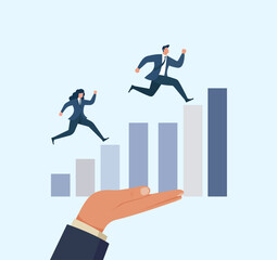 Fototapeta premium Business growth support for professionals climbing bar chart to success, Career Progress Climb, Business Growth Support, Leadership Opportunity, Teamwork and Equality, Corporate Success Goal