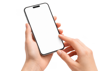 Hands holding smartphone with blank white screen and tapping finger, mobile phone mockup isolated on transparent background
