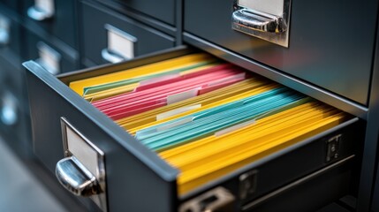 Close-up of an open filing cabinet drawer filled with colorful hanging folders