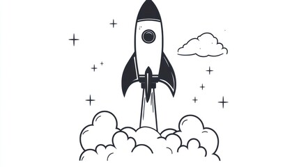 Black and white rocket launching with smoke and stars illustration