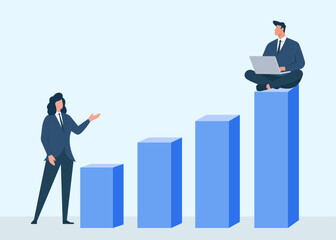 Fototapeta premium Business growth with teamwork and technology, showing two professionals analyzing rising bar chart success, Professional collaboration, Business growth, Career progress, Data analysis