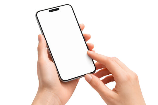 Hands holding smartphone with blank white screen and tapping finger, mobile phone mockup isolated on transparent background
