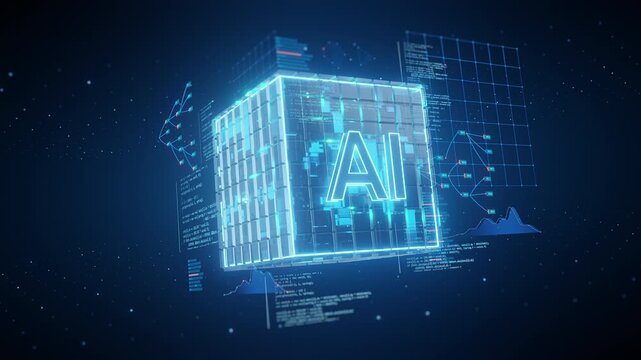 3D render: Glowing AI text inside digital cube. Futuristic technology, artificial intelligence, machine learning, data processing. Abstract innovation, big data, neural networks, computing concept.