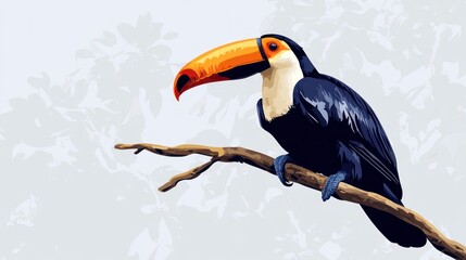 Obraz premium Colorful toucan perched on branch against light background vector illustration