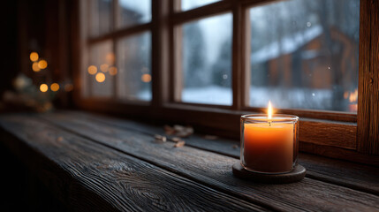 Warm candle glows softly on wooden windowsill, creating cozy atmosphere against snowy winter backdrop. scene evokes sense of tranquility and comfort