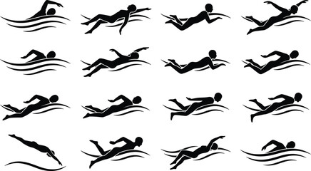 Swimming silhouette vector icons, freestyle stroke, butterfly technique, backstroke, breaststroke, water motion, sports illustration, athlete poses, aquatic training