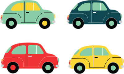 Fototapeta premium Cute colorful cartoon car set with four small vehicles, simple flat transportation icons for kids, apps and playful design vector illustration