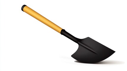 Black shovel with wooden handle isolated on white background