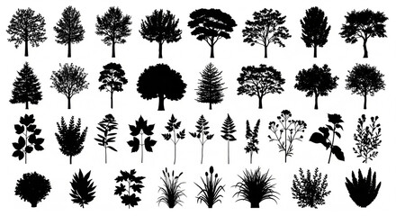 plant, plants, tree, trees, silhouette, silhouettes, botanical, foliage, nature, forest, garden, leaf, leaves, branch, branches, ecology, organic, natural, flora, vegetation, black, minimal, flat, vec © MdtTahomidHossain