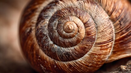 Close-up spiral pattern of a snail shell, showcasing intricate details and textures.