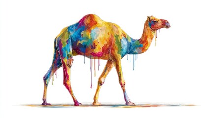 Colorful camel illustration with paint splashes against a white background