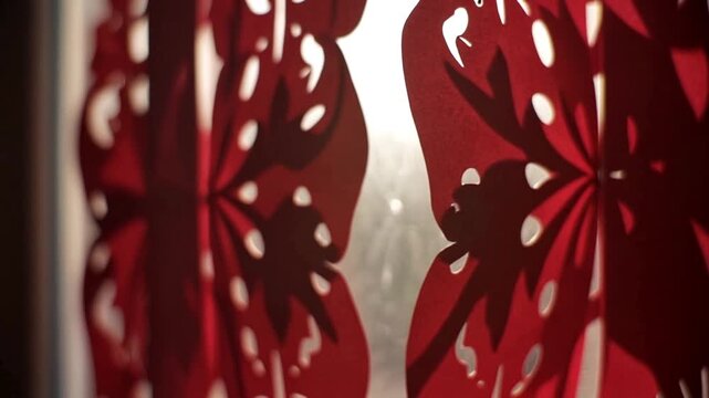 Cinematic close-up of red lantern fabric texture with intricate patterns illuminated from within, showcasing vibrant colors and detailed craftsmanship in a soft, ambient light.