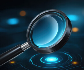 Futuristic blue toned magnifying glass with rounded lens is set against digital background, evoking sense of technology and innovation
