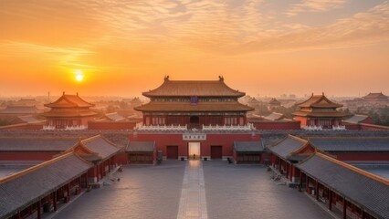Forbidden City, China, at sunrise; gates, walls, orange glow