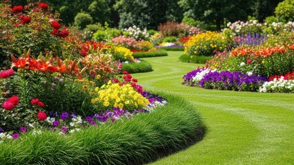 Obraz premium Curved path through a vibrant garden filled with colorful flowers and lush greenery