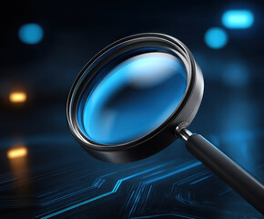 Futuristic blue toned magnifying glass with rounded lens is set against digital background, evoking sense of technology and discovery